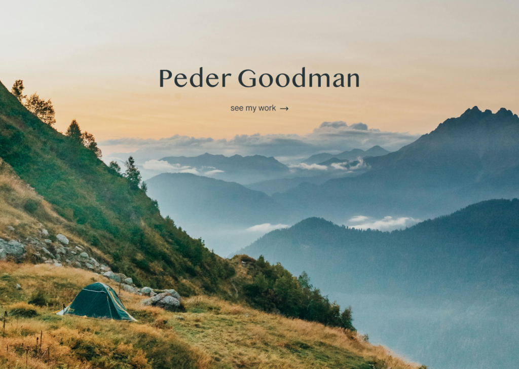 Mountain landscape portfolio website header for developer Peder Goodman, featuring a sunrise view over misty mountains and a 'See My Work' call-to-action button.