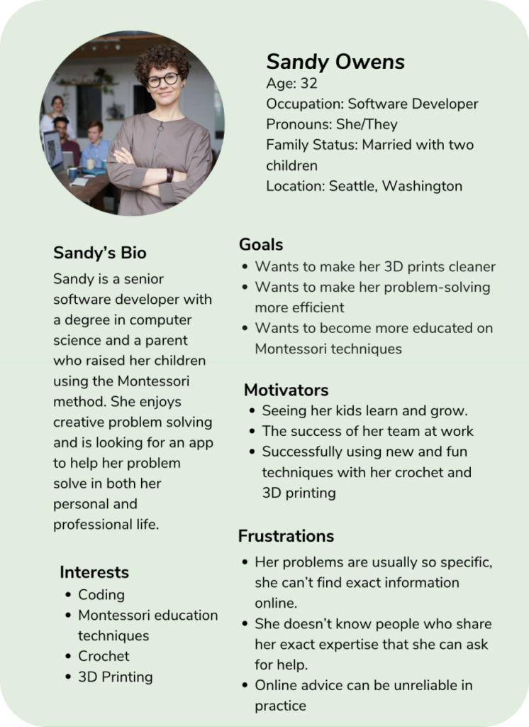 A persona profile for Sandy Owens, a 32-year-old senior software developer from Seattle, Washington. Sandy uses she/they pronouns and is married with two children. She is a parent who raised her children using the Montessori method and enjoys creative problem-solving. Her bio explains that she is looking for an app to help her with problem-solving in both her personal and professional life. Sandy’s interests include: Coding Montessori education techniques Crochet 3D printing Sandy’s goals are: Making her 3D prints cleaner Improving her problem-solving efficiency Learning more about Montessori techniques Her motivators are: Seeing her children learn and grow The success of her work team Successfully using new techniques in crochet and 3D printing Sandy’s frustrations include: Not finding exact information online for her specific problems Lacking a network of people with her same expertise to ask for help Finding online advice to be unreliable in practice The profile includes a headshot of Sandy with curly brown hair and glasses, wearing a gray long-sleeve shirt, with arms crossed, smiling confidently in an office setting.